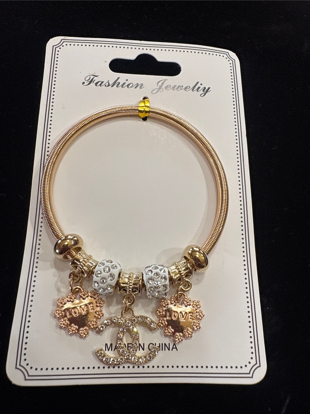Fashion Jewelry Gold-Tone Charm Bracelet with Crystal-Studded Accents